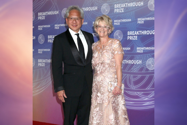 Jensen and Lori Huang  at the 12th Breakthrough Prize Ceremony in Santa Monica, California.