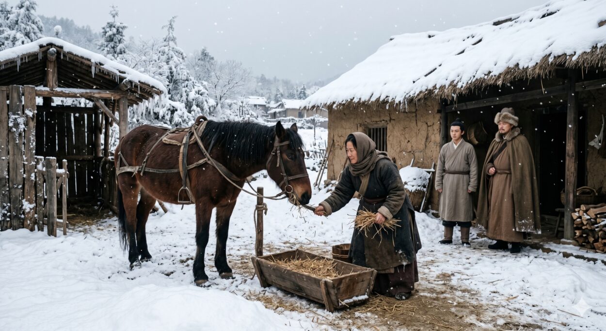 She cut off her own long hair and exchanged it for food and wine. She chopped wooden pillars from the house to use as firewood. Despite the bitter cold, she even gathered the family’s only bedding straw, cut it into feed, and gave it to the guest’s horse.