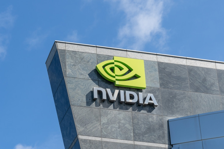 Close up of Nvidia sign on the building at its headquarters in Santa Clara, California.