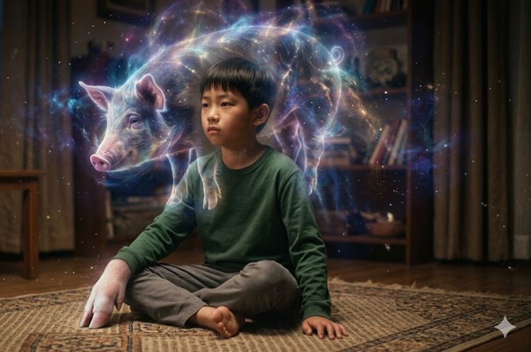 The young boy recalled his past lives as a pig.