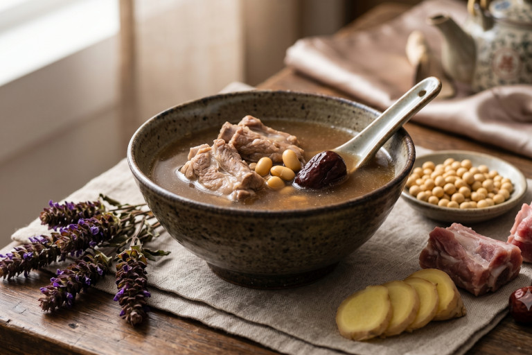 AI-generated image of a bowl of Prunella vulgaris soup with pork bones, soybeans, and other traditional ingredients.