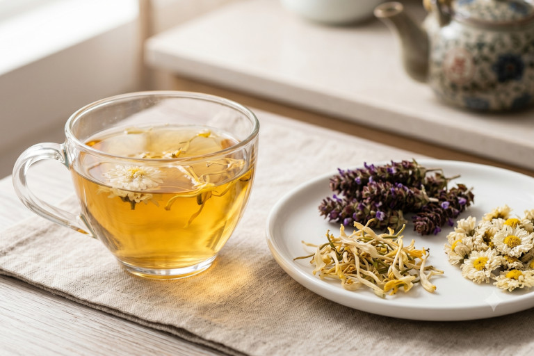 AI-generated image of a cup of herbal tea made with self-heal, honeysuckle, and chrysanthemum flowers.