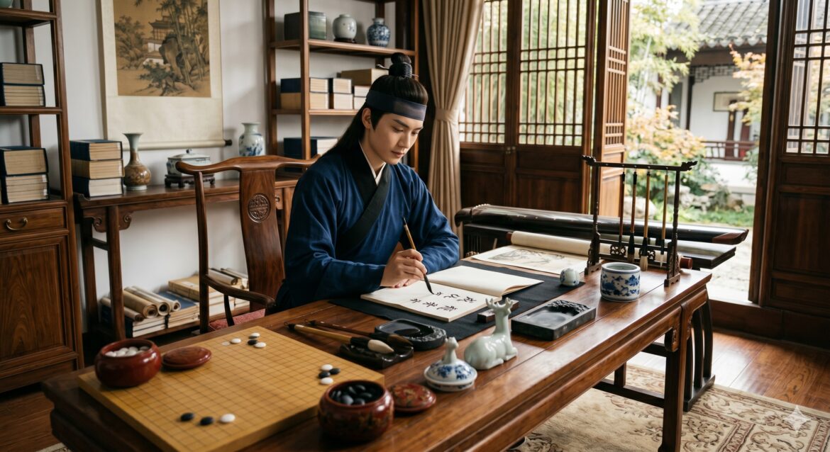 A scholar writing calligraphy.