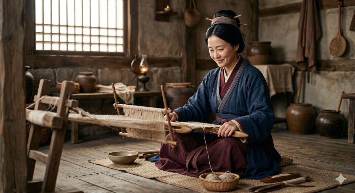 A woman working a loom.