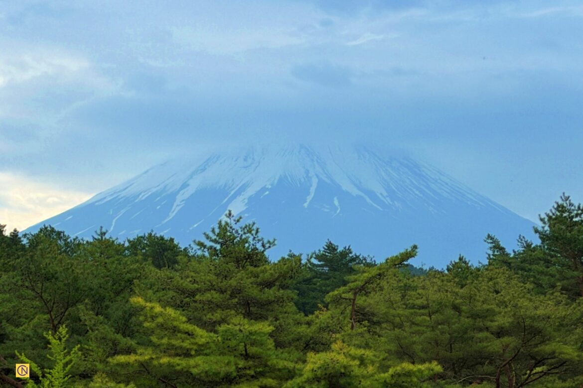 Mt. Fuji as seen from the Motosu Phoenix Hotel near Lake Motosu, Japan.