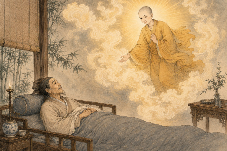 AI-generated illustration of the elderly Gao Guotai on his deathbed as Huixing appears above him on radiant clouds to guide him toward the Western Paradise.
