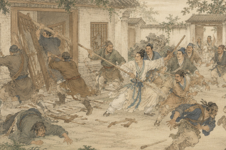 AI-generated image showing a young man leading villagers to drive away armed men who had come to smash the family’s doors and windows.