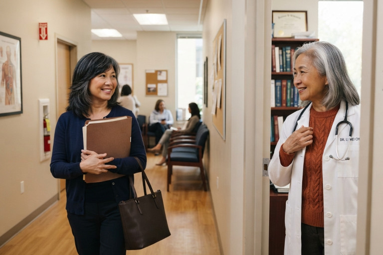 AI-generated image of an older East Asian female doctor speaking reassuringly with a patient after a private consultation.