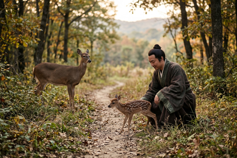 AI-generated image of a man releasing a spotted fawn toward its waiting mother on a wooded path in ancient China.