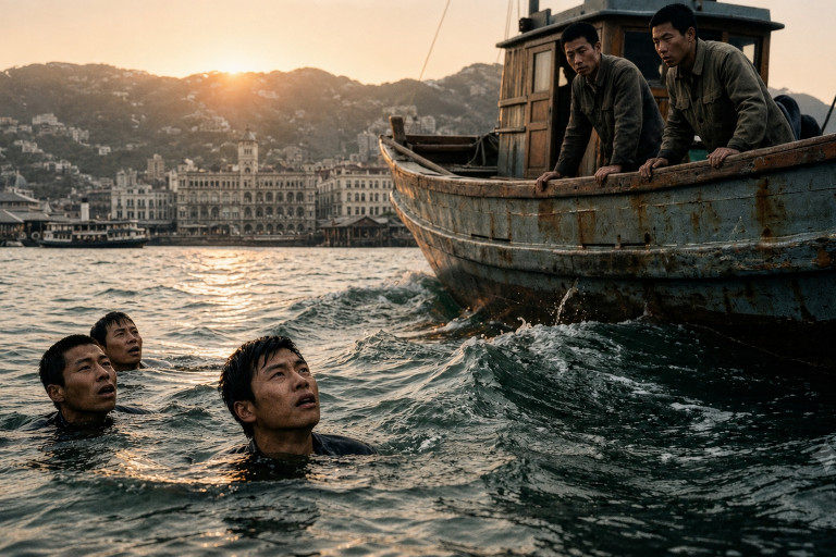 AI-generated image of exhausted Chinese swimmers facing an approaching fishing boat near Hong Kong, with the city’s historic waterfront and hills in the background.