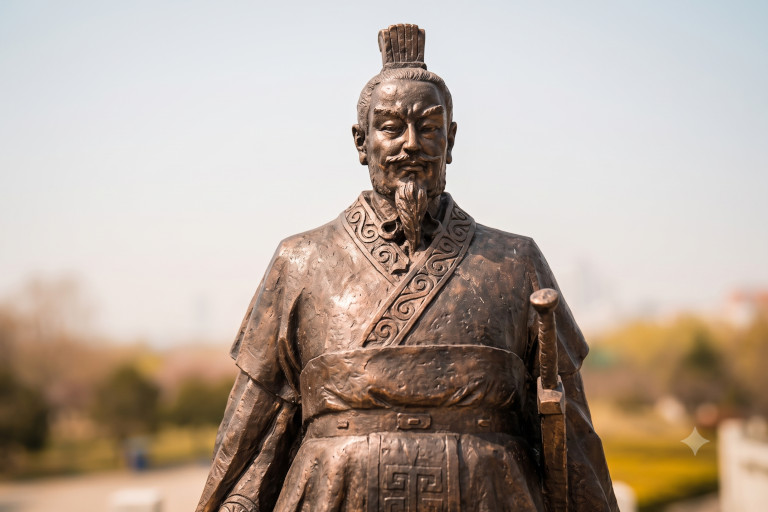 AI-generated image of a bronze statue representing Han Feizi, an ancient Chinese philosopher associated with Legalist thought.