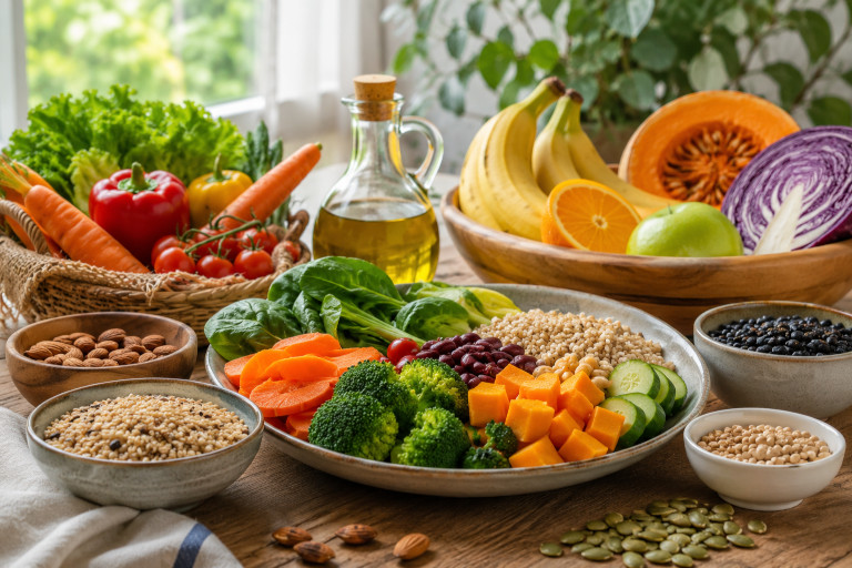 AI-generated image of a colorful spread of vegetables, fruit, whole grains, beans, nuts, and seeds arranged on a wooden table.