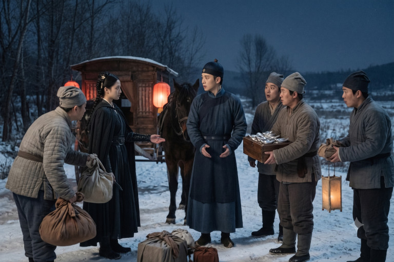 AI-generated image of the young heroine directing her followers to return luggage and present silver to a Qing Dynasty scholar beside the travelers’ carriage.