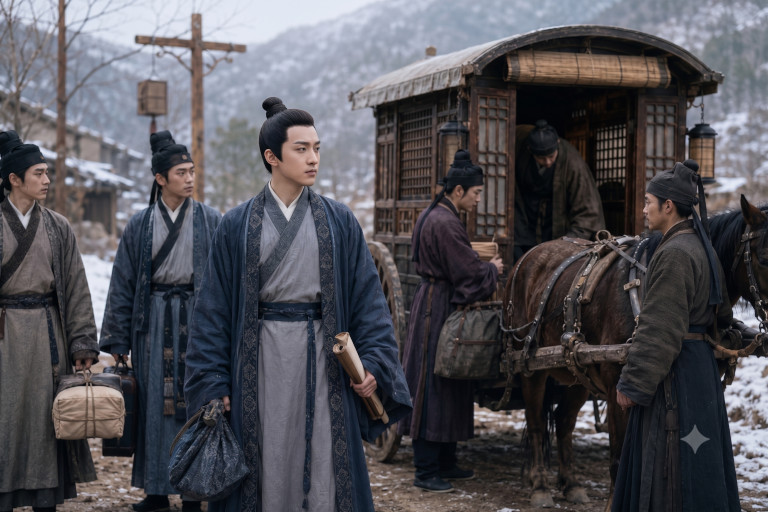AI-generated image of several young Qing Dynasty scholars preparing to board a horse-drawn carriage for their winter journey to the imperial examination.