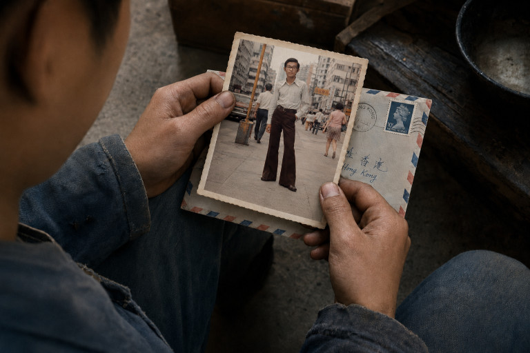 AI-generated image of a young man in worn work clothes holding a letter from Hong Kong and a photograph of his friend Xi standing confidently in bell-bottom pants on a busy city street.