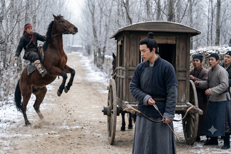 AI-generated image of a bandit losing his balance as his horse rears on a snowy road while a Qing Dynasty scholar stands near the carriage holding a small bow.