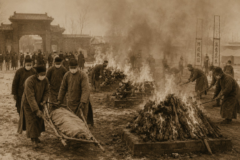 AI-generated image of a mass cremation in the early 1900s in China.