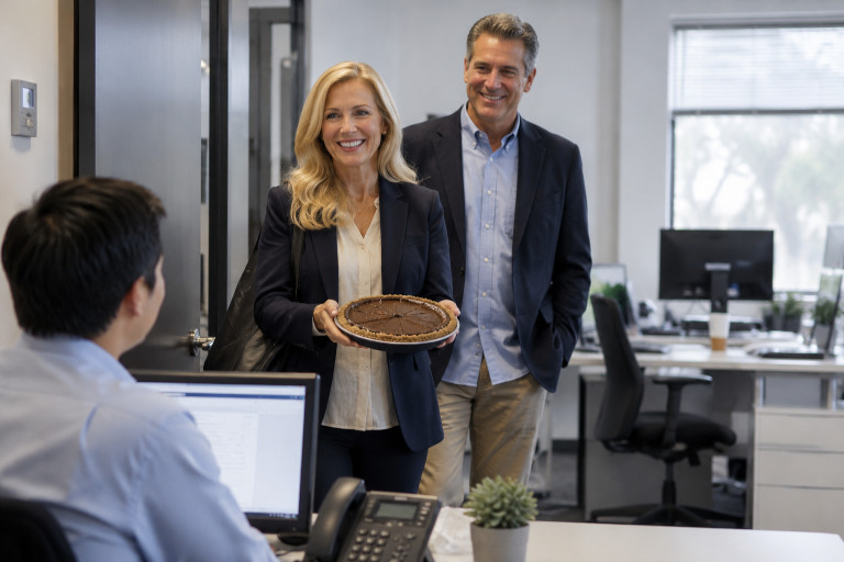 AI-generated image of a blonde woman carrying a chocolate pie into an office with a man beside her.
