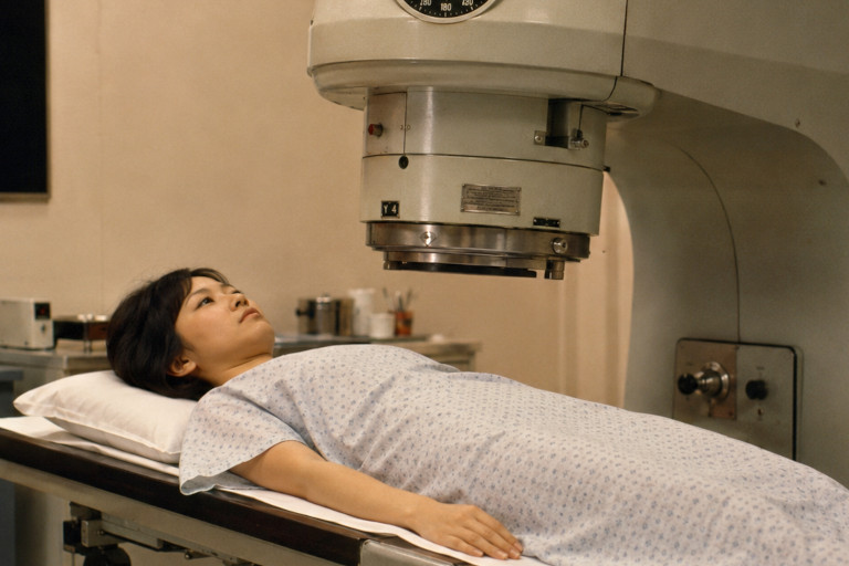 AI-generated image of a young East Asian woman undergoing radiation therapy in the 1960s.