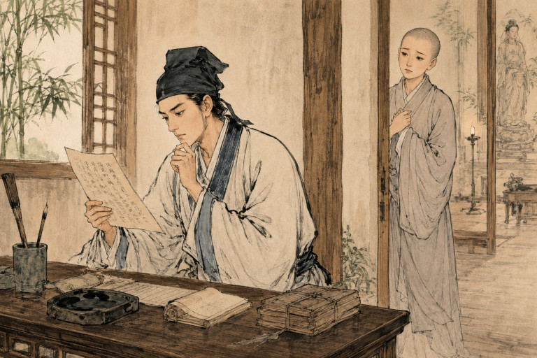 AI-generated illustration of a young scholar reading a nun’s poem to him at a study table while she watches quietly from a doorway in the Buddhist nunnery.