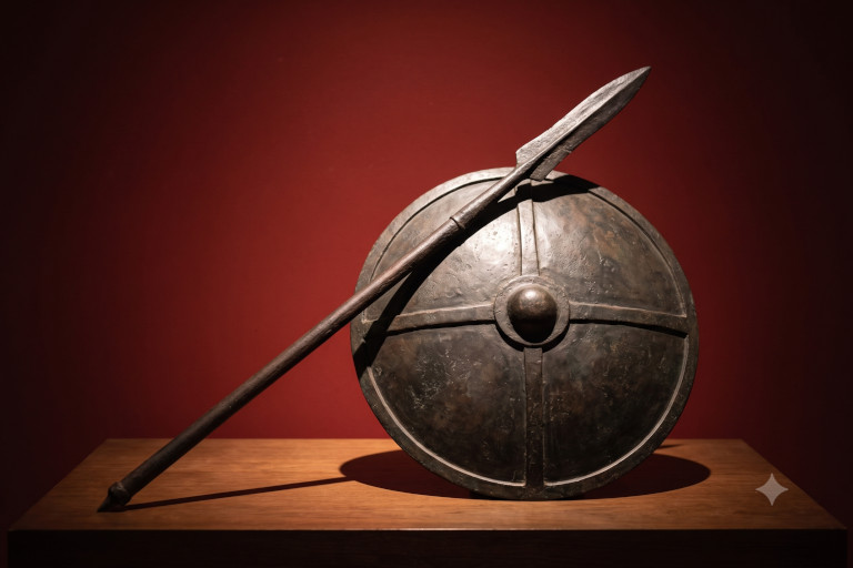 AI-generated image of an ancient spear resting across a round shield.