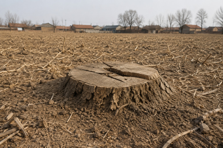 AI-generated image of a low, weathered tree stump in a dry field.