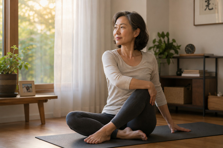Yoga became part of the disciplined daily routine that Li Feng credited with gradually improving her physical condition and awareness of her body.