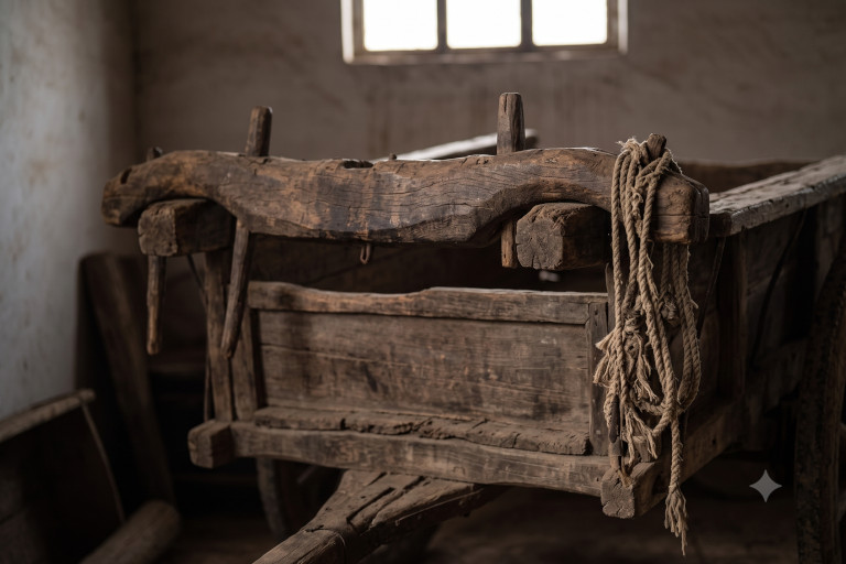 AI-generated image of an old wooden ox yoke on a cart.