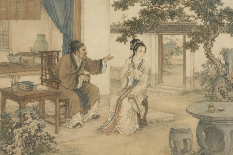 AI-generated image showing an older man trying to convince a young woman, talking with her insistently as she leans away from him.
