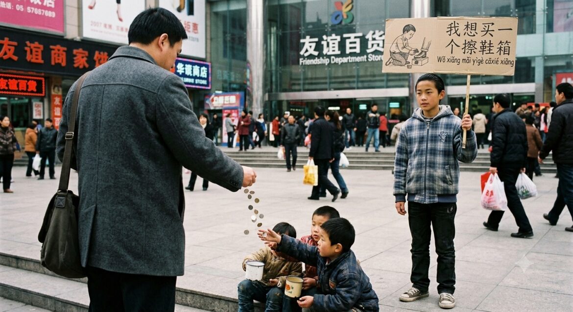 A man paying beggars.