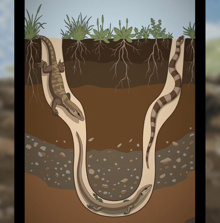 Image of a lizard burrowing underground and coming back out as a snake.