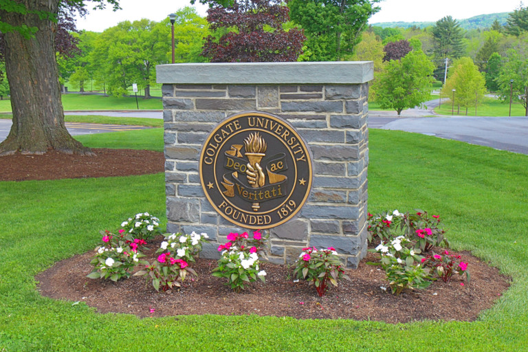 Sign marking the campus of Colgate University in the village of Hamilton in rural upstate New York.