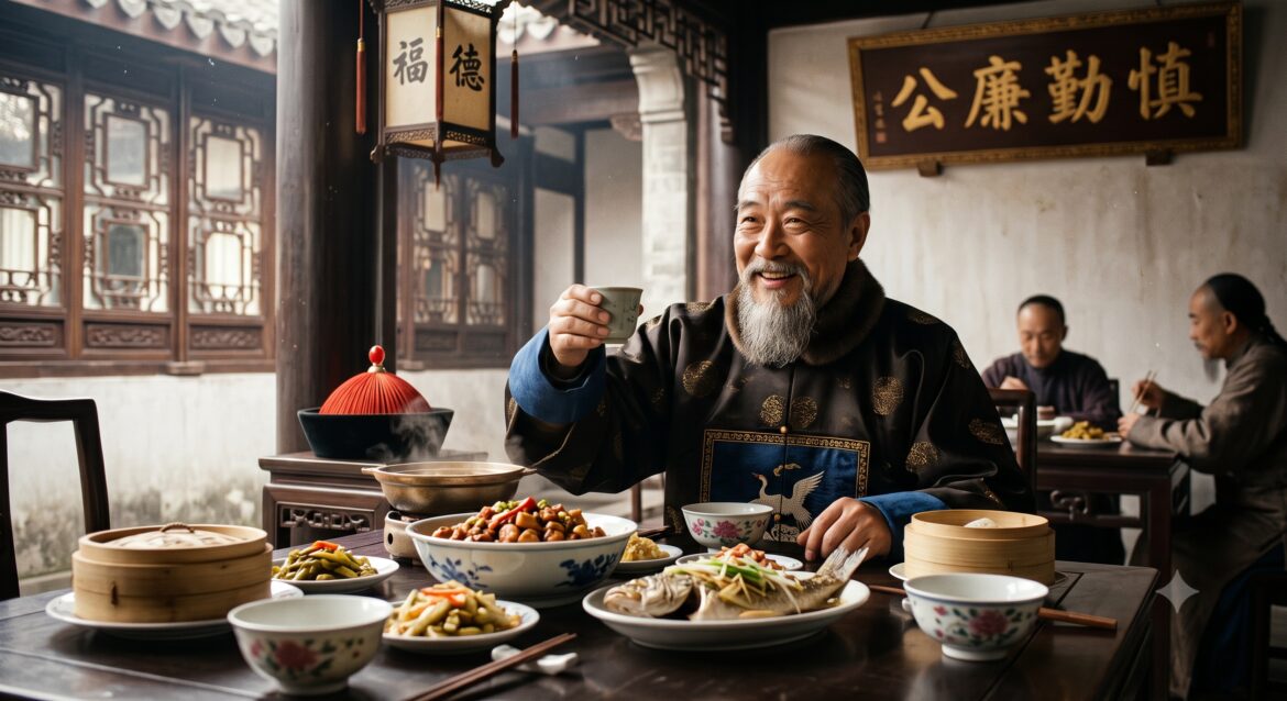 Ding Baozhen eating a meal.