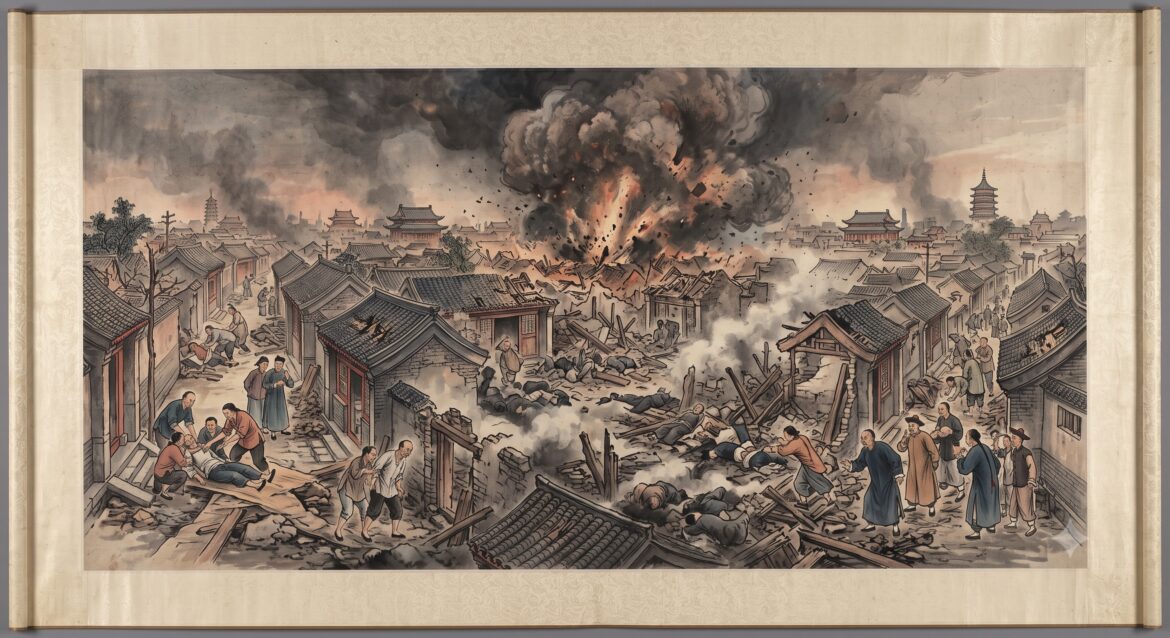An explosion at a munitions depot.