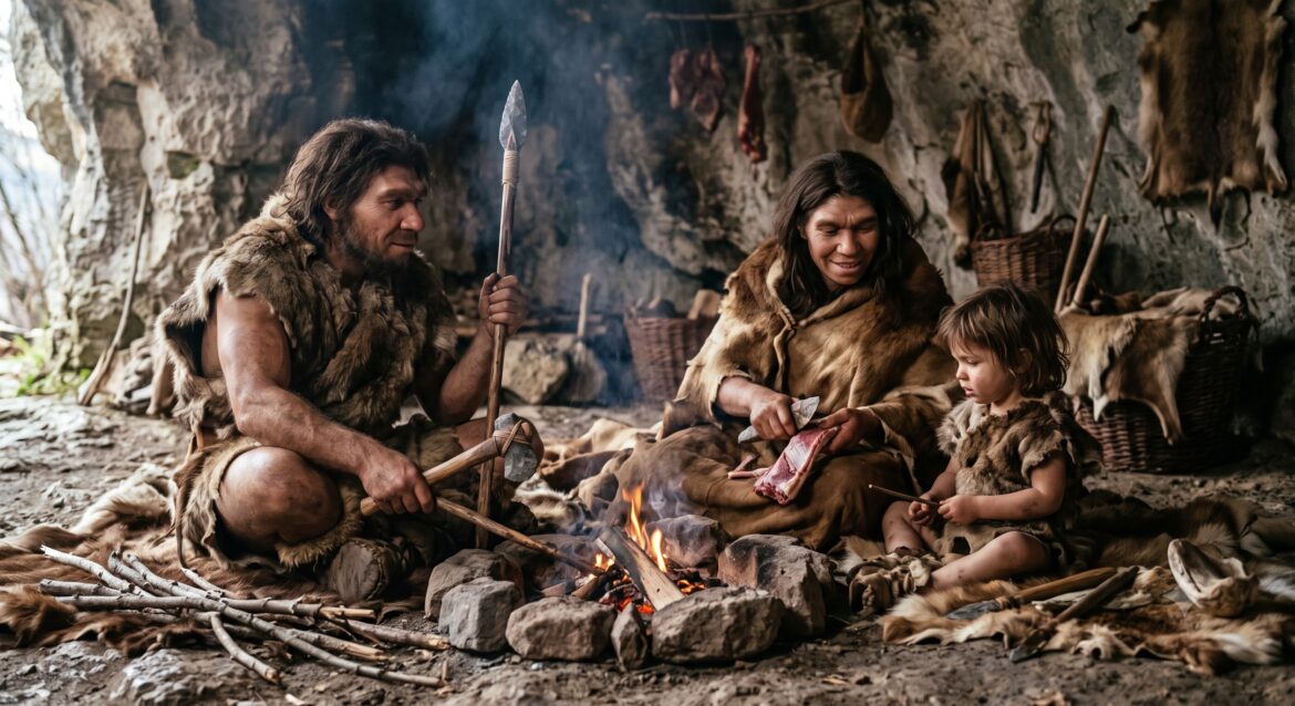 A Neanderthal family living in a cave.