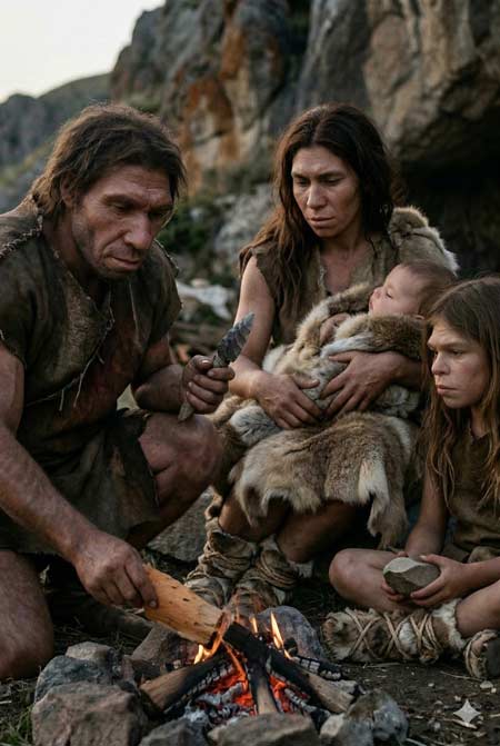 Neanderthals' heavy brow ridges, forward-projecting faces, and powerful bodies reflect the anatomy that helped them survive Ice Age climates.