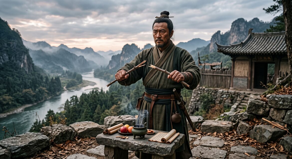 An ancient Chinese man breaking a twig while making an oath.