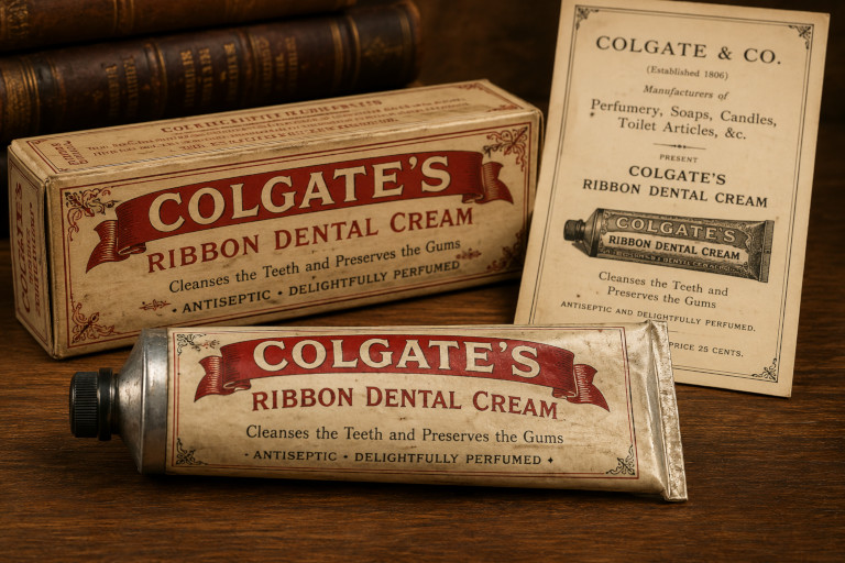 Colgate Ribbon Dental Cream packaging from the late 1800s.