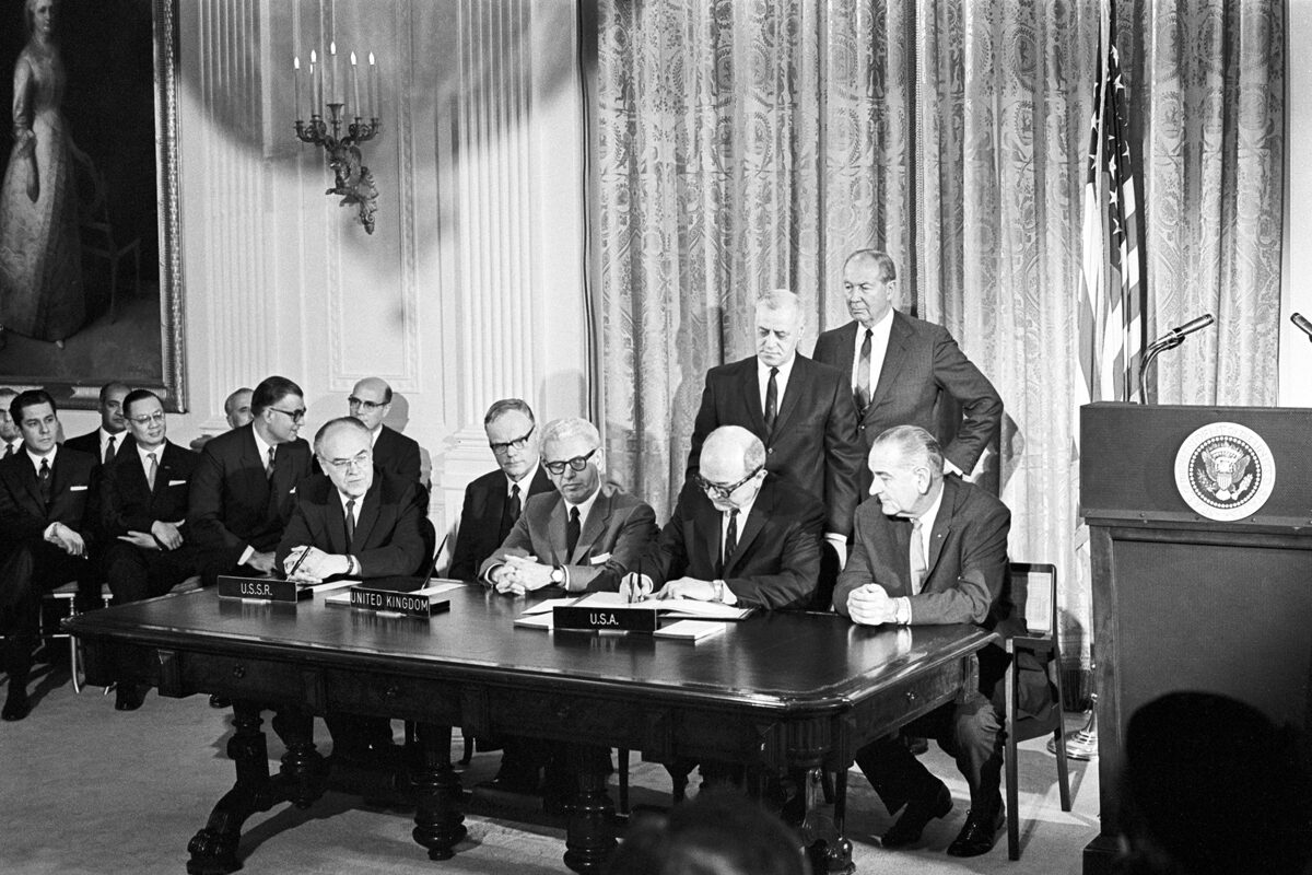 The signing of the 1967 Outer Space Treaty.