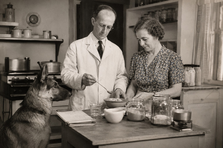 AI-generated image of a man in a lab coat and a woman in an apron in a kitchen mixing ingredients to prepare food for a German Shepard sitting next to the kitchen table.