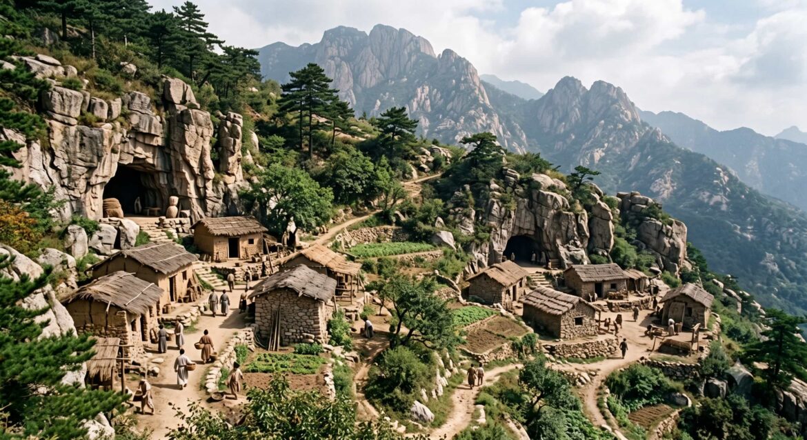 An ancient Chinese village outside a cave.