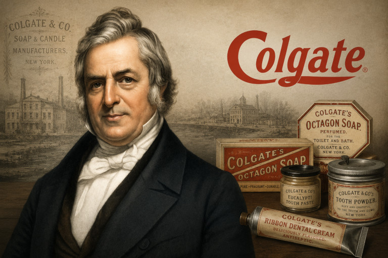Image of William Colgate with some old Colgate soap and toothpaste products.