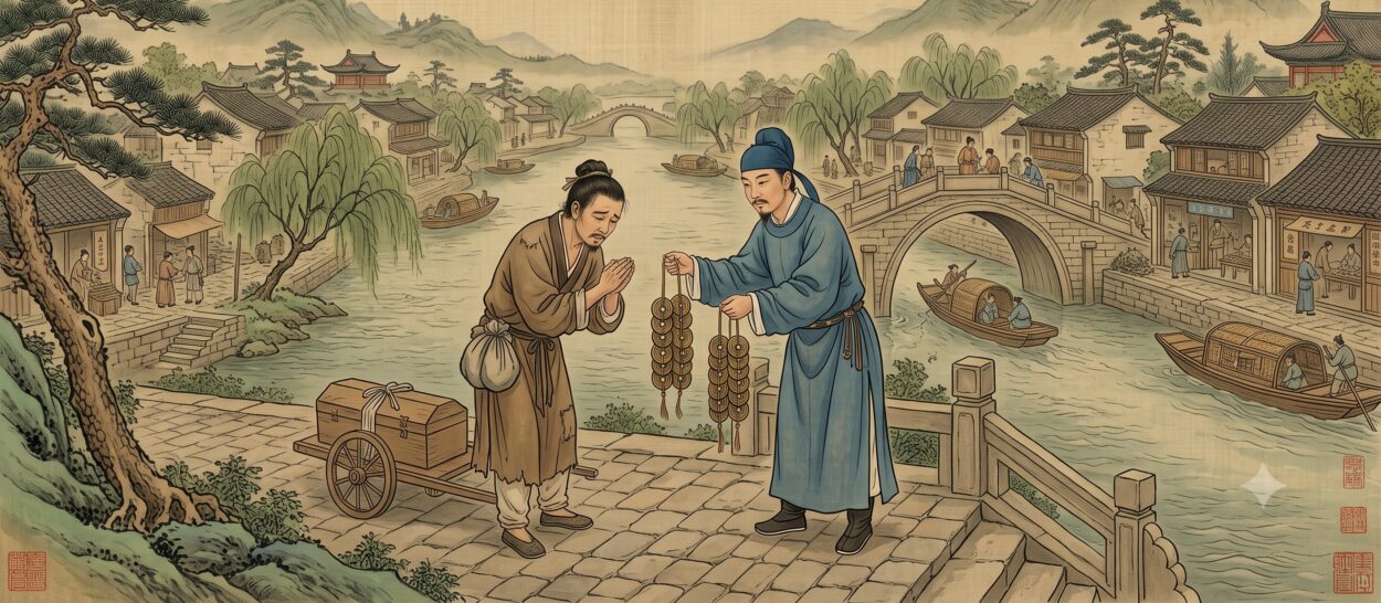To return his father's body home for burial, Cao told everyone his story, hoping someone would help him with travel expenses. He then met Wang, who sympathized with his plight and, without hesitation, gave him four strings of copper coins. Due to Wang's generosity, Cao felt deeply grateful and was able to take his father's body back to his hometown.