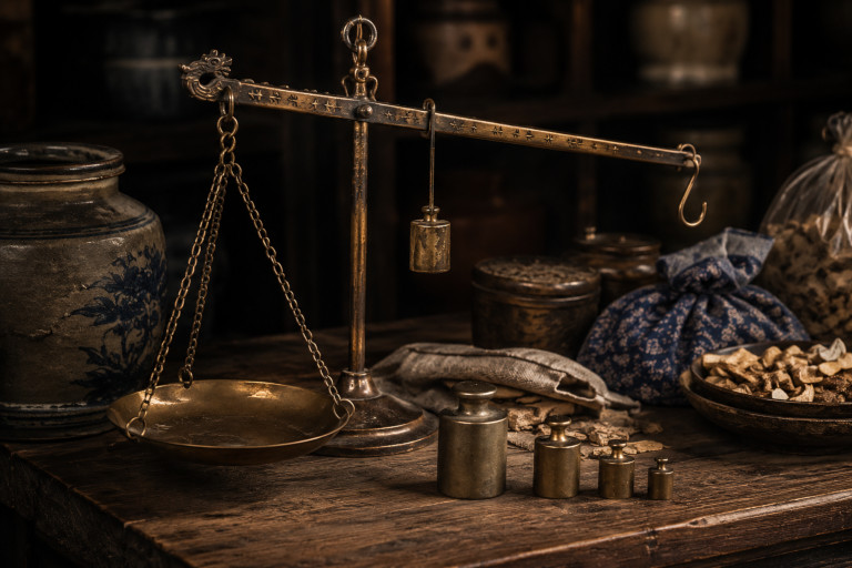 AI-generated image of an antique Chinese steelyard scale with engraved star markings, brass weights, jars, cloth bundles, and dried goods on a wooden counter.