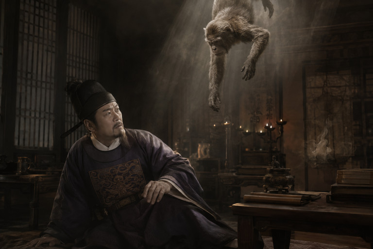 AI-generated image of a Chinese official in a dimly lit chamber looking up in surprise as an ape appears to descend from above in a dreamlike vision.
