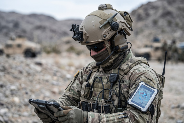 AI-generated image of advanced military equipment, including tactical communications gear, helmet-mounted optics, and digital battlefield technology.