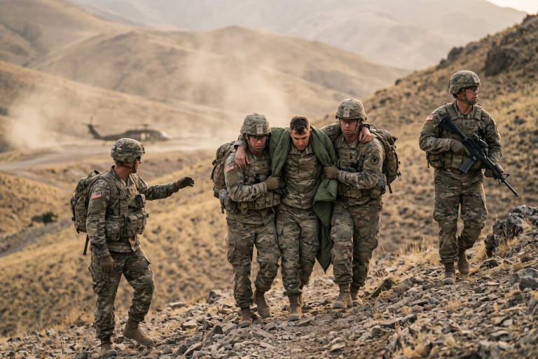 AI-generated image of U.S. soldiers working together during a military rescue operation in rugged terrain.