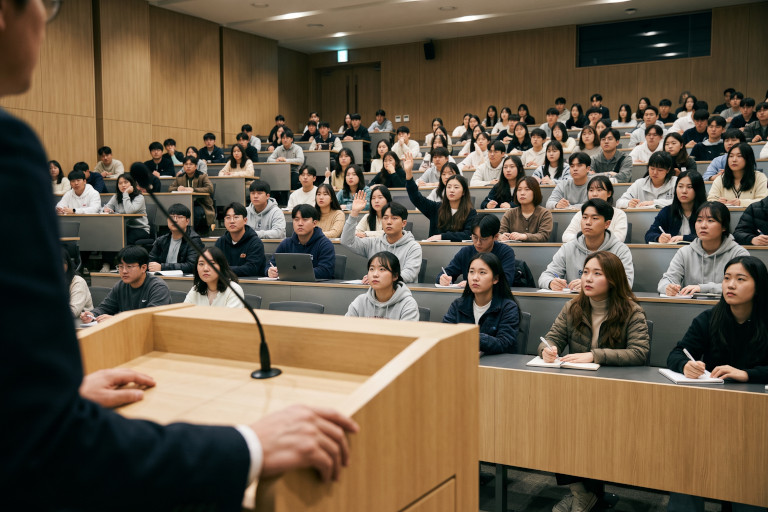 AI-generated image of Asian university students listening to a speaker in a lecture hall, with several students raising their hands.
