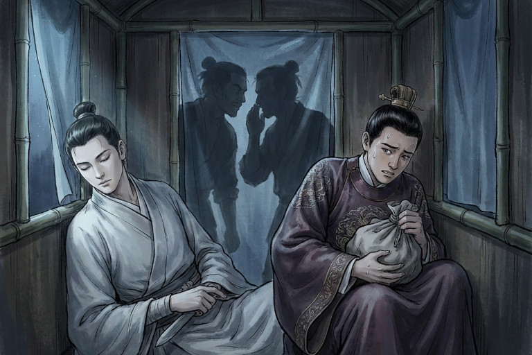 AI-generated image of a slender young man pretending to sleep inside a covered cart at night while a worried scholar holds a bundle of silver and the shadows of three bandits appear behind the curtain.