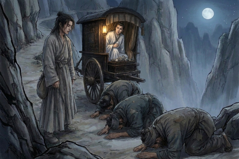 AI-generated image of three defeated bandits kowtowing before a calm, slender young man on a moonlit mountain road while a scholar watches from a covered cart.